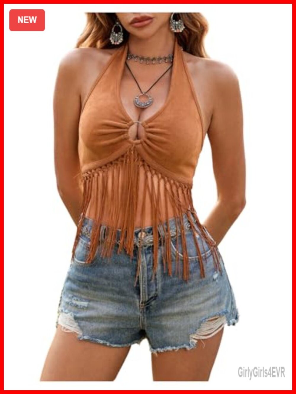 Boho Fringe Trim Halter Crop Top Sleeveless Open Back Ring Linked